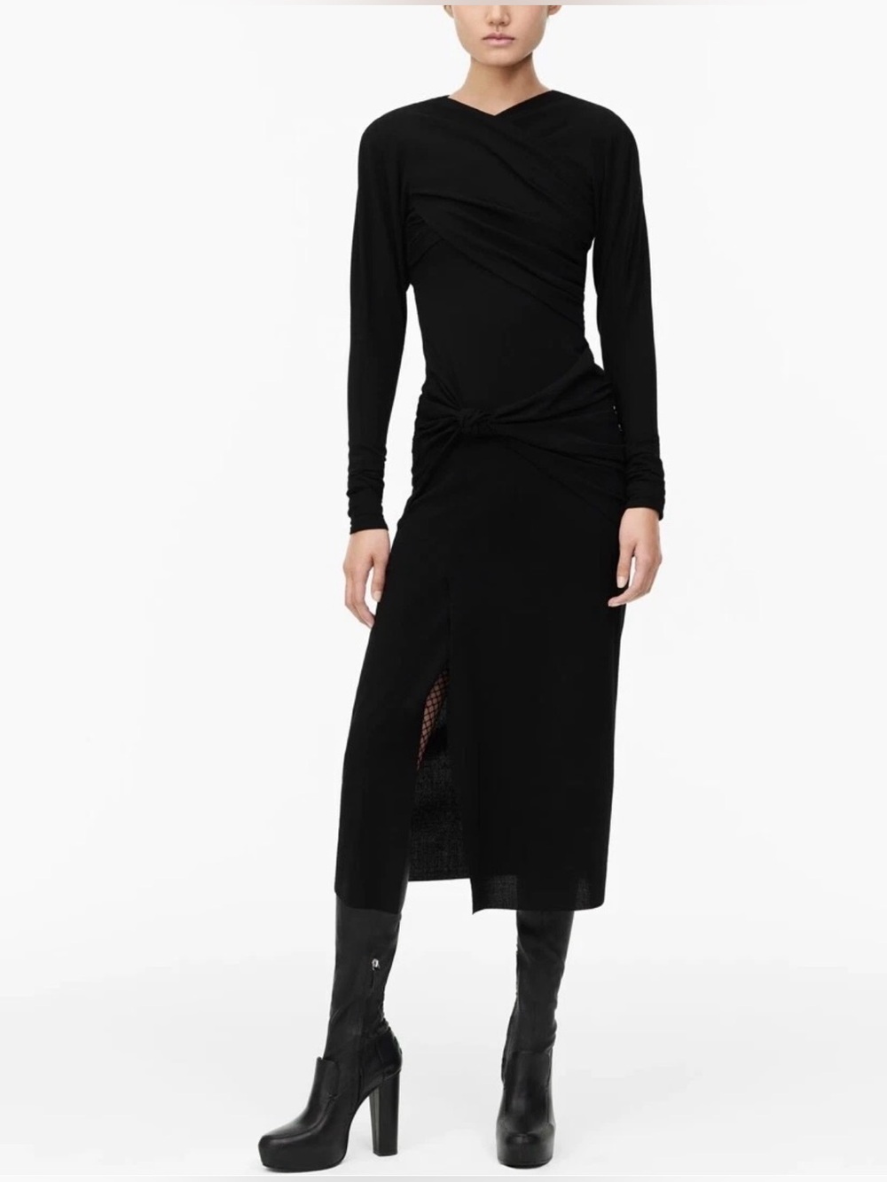 ZARA STUDIO lightweight wool Black Long-Sleeve Ruched Midi Dress large - Picture 3 of 16